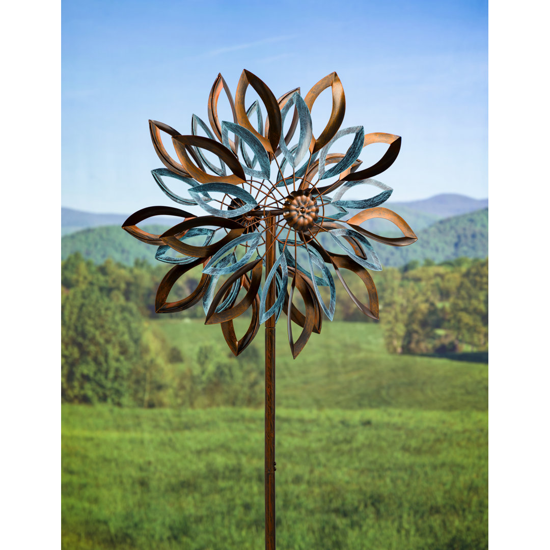 Prins 75"H Kinetic Metal Wind Spinner with Copper and Verdigris Leaves